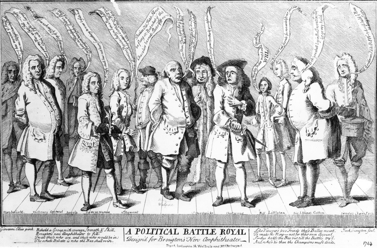 ブロートンズ新しい円形劇場のために設計された政治的バトルロイヤル、1743年頃 作： 英語学校