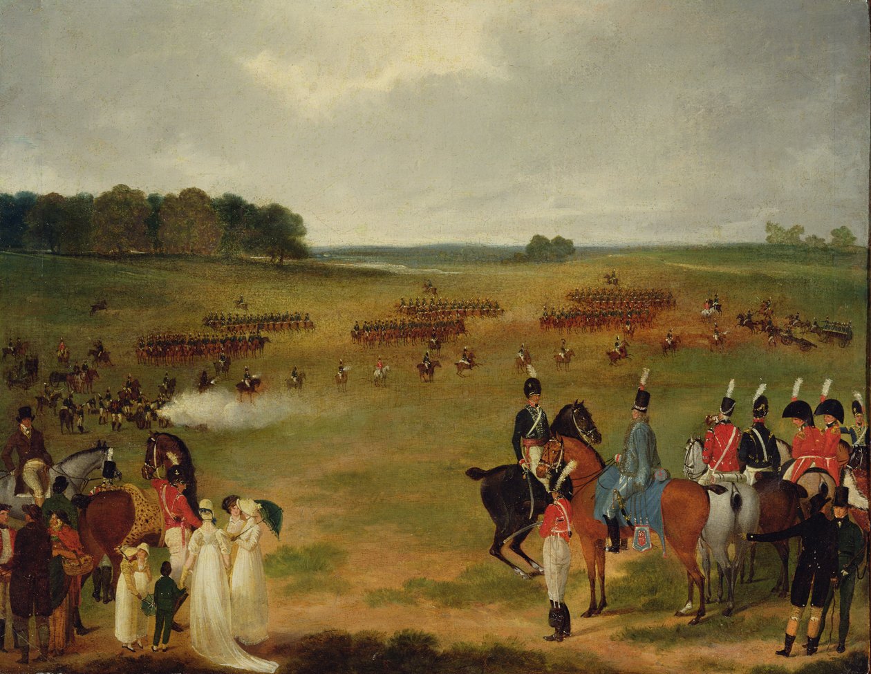 1804年の1804年のハイドパークのロンドンボランティア騎兵隊と飛行砲のレビュー（ボードに載せられた油はパネルに置かれました） 作： 英語学校