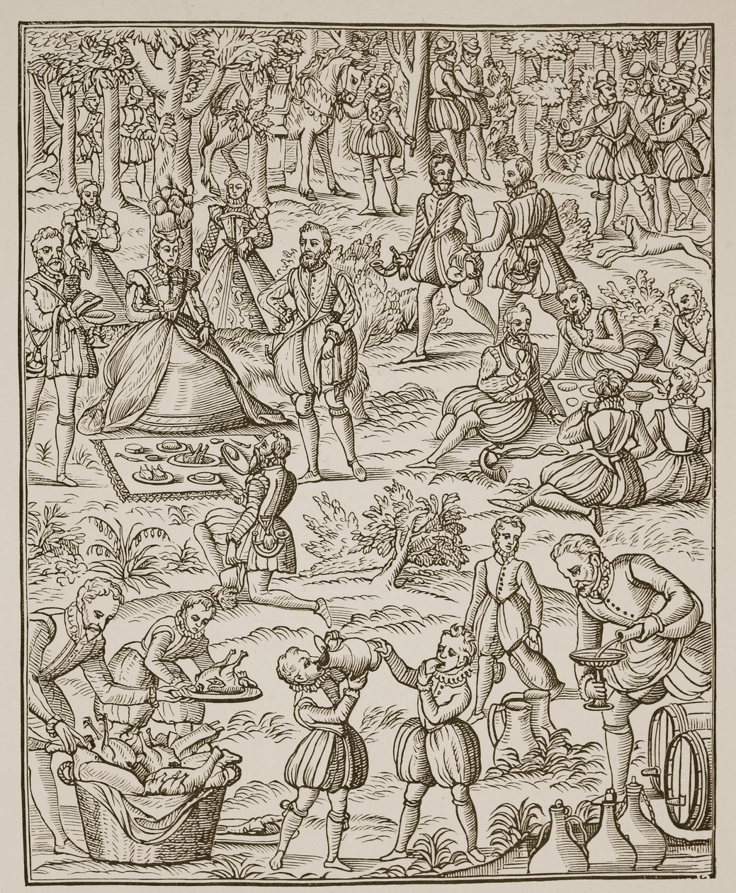 ロイヤルピクニック、Noven Art of Venerie and Hunting、George Turberville作のプレート、1575年（セピア写真） 作： 英語学校