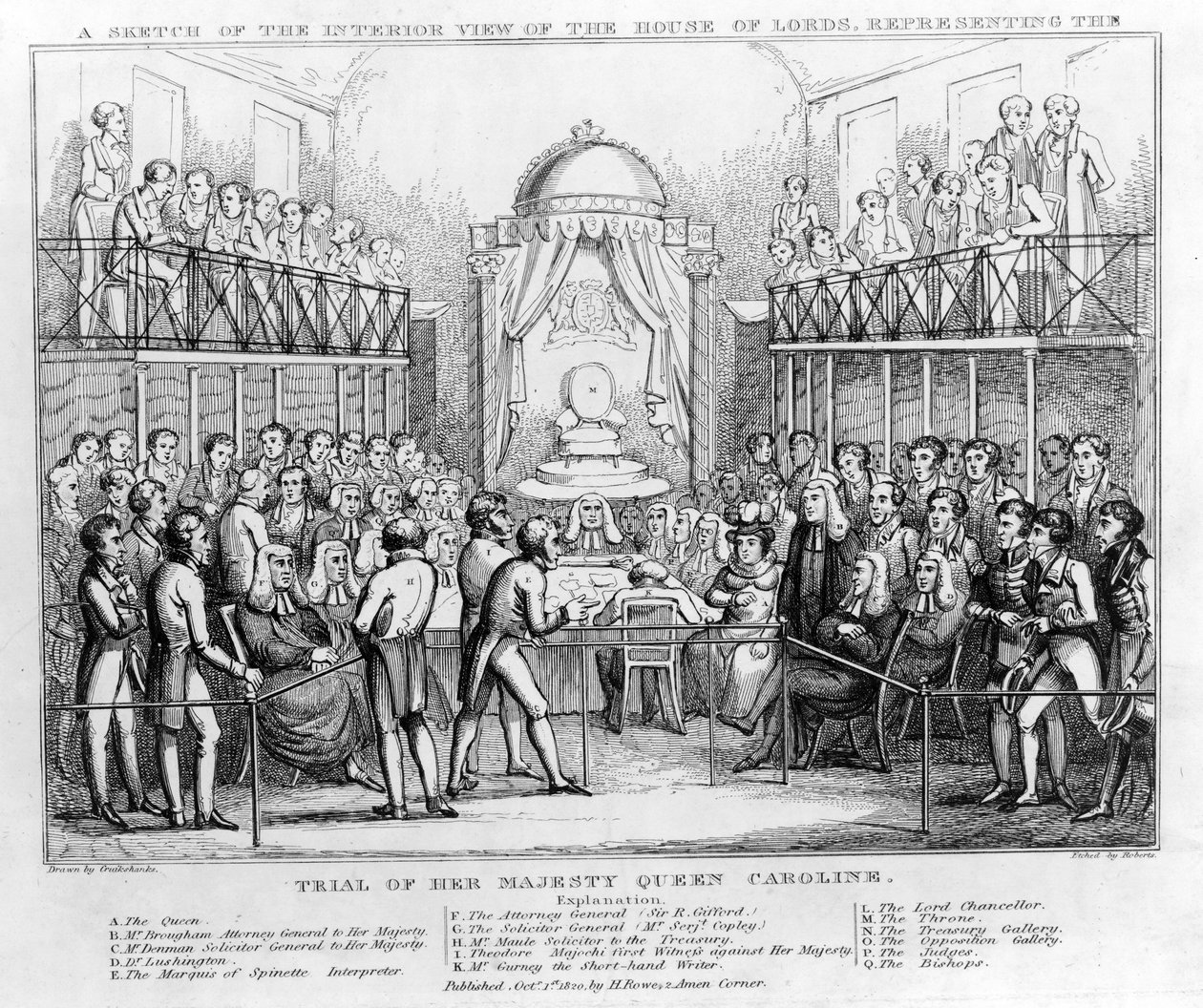 キャロライン女王陛下の裁判を表現した貴族院の内観のスケッチ、パブ。1820年（白黒彫刻）。 作： 英語学校