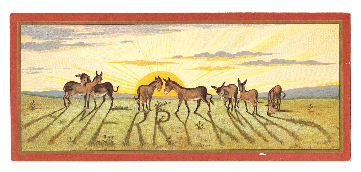 1880年頃、「メリークリスマス」と書かれたロバの列から影を落とす夕日のビクトリア朝のクリスマスカード 作： 英語学校