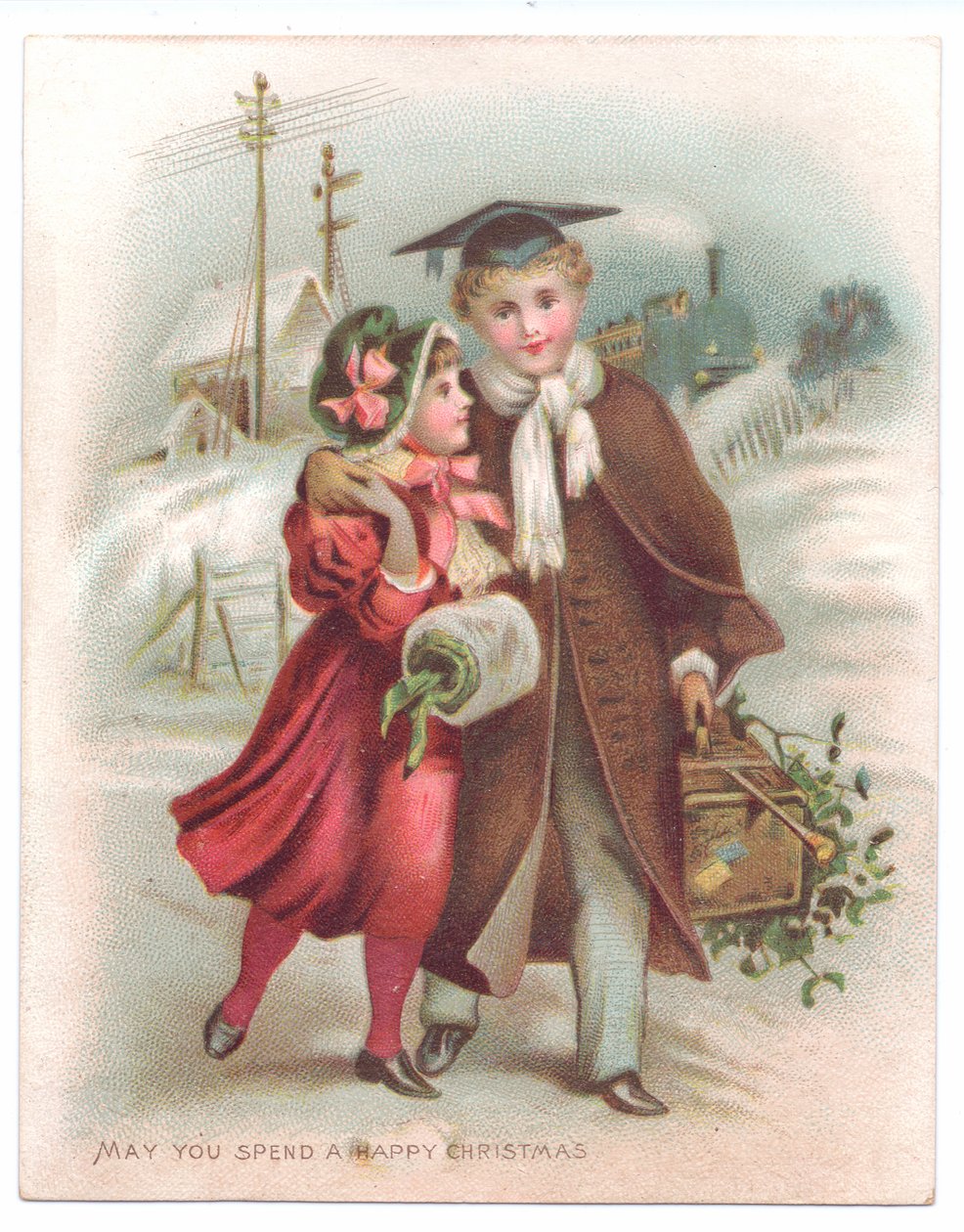 雪の中を歩く少女に腕を組んだモルタルボードをつけた少年のヴィクトリア朝のクリスマスカード、1880年頃（カラーリトグラフ版 作： 英語学校