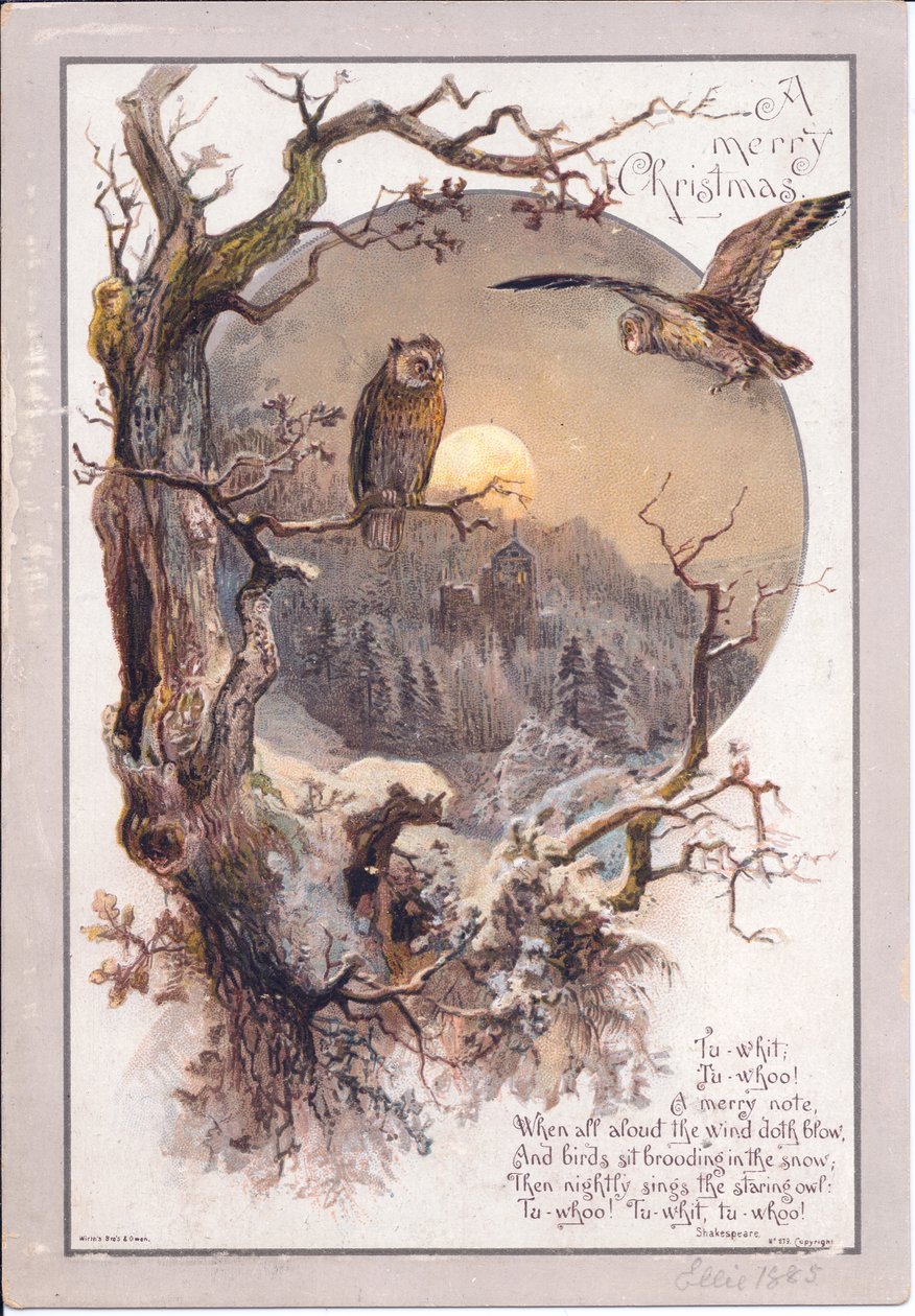 月夜に枝に止まるフクロウを描いたヴィクトリア朝のクリスマスカード、1880年頃（カラーリトグラフ版 作： 英語学校