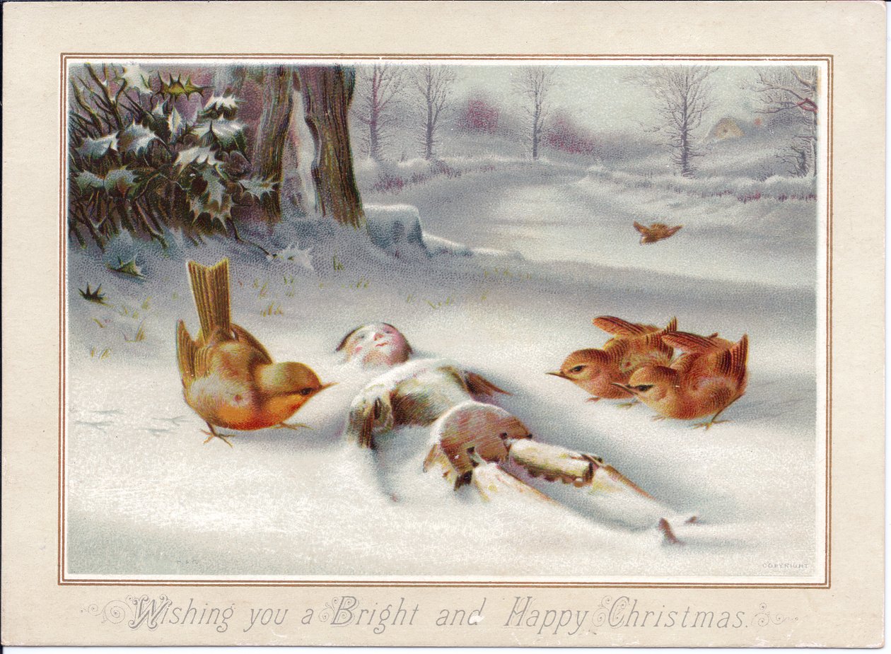 雪の中で木製の人形を見つめるロビンズを描いたヴィクトリア朝のクリスマスカード、1880年頃（カラーリトグラフ） 作： 英語学校