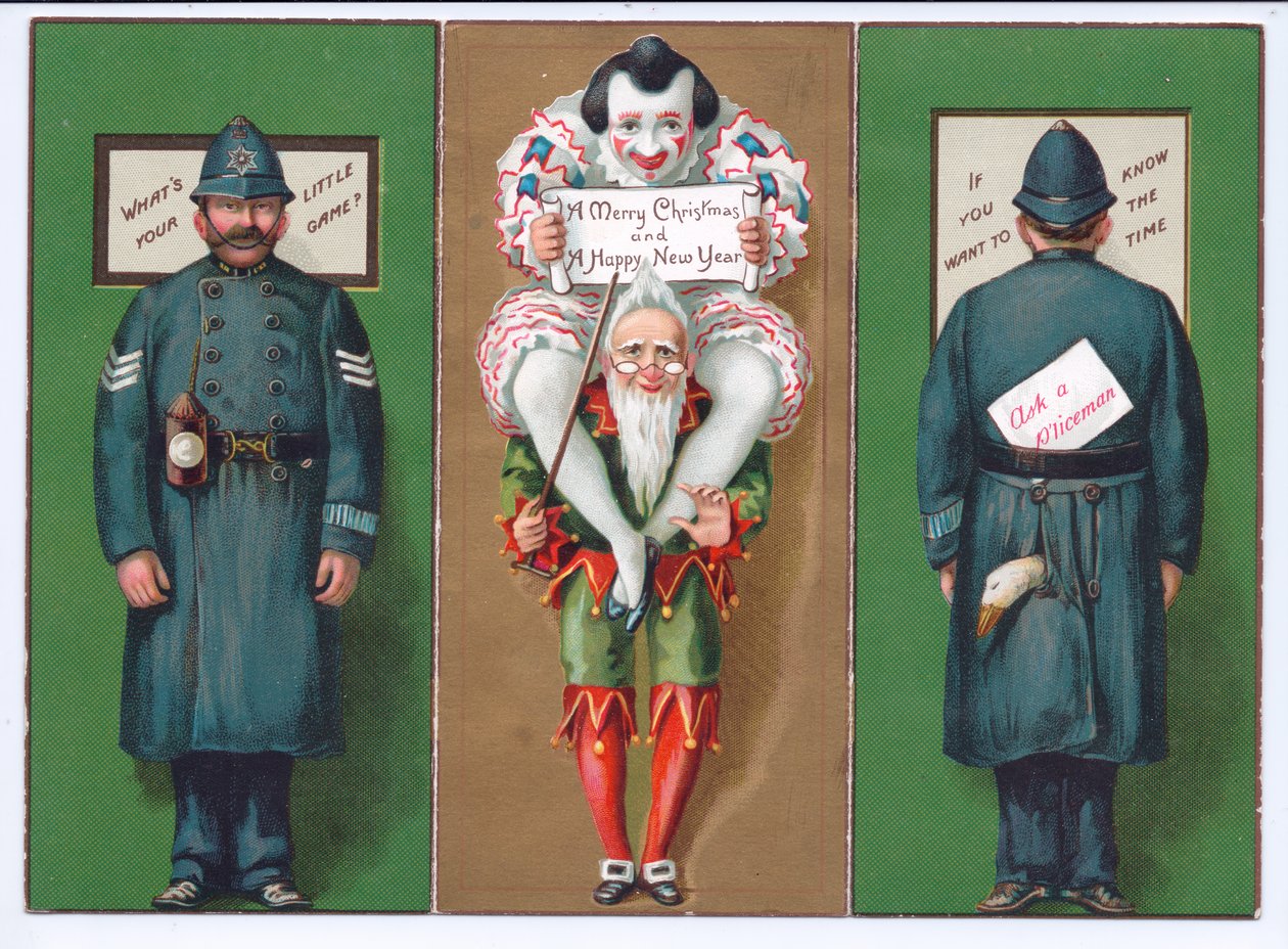 道化師、道化師、警官、1880年頃のビクトリア朝のクリスマスカード 作： 英語学校