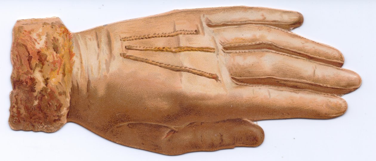 毛皮で縁取られた手袋のヴィクトリア朝型抜きカード、1880年頃（カラーリトグラフ） 作： 英語学校