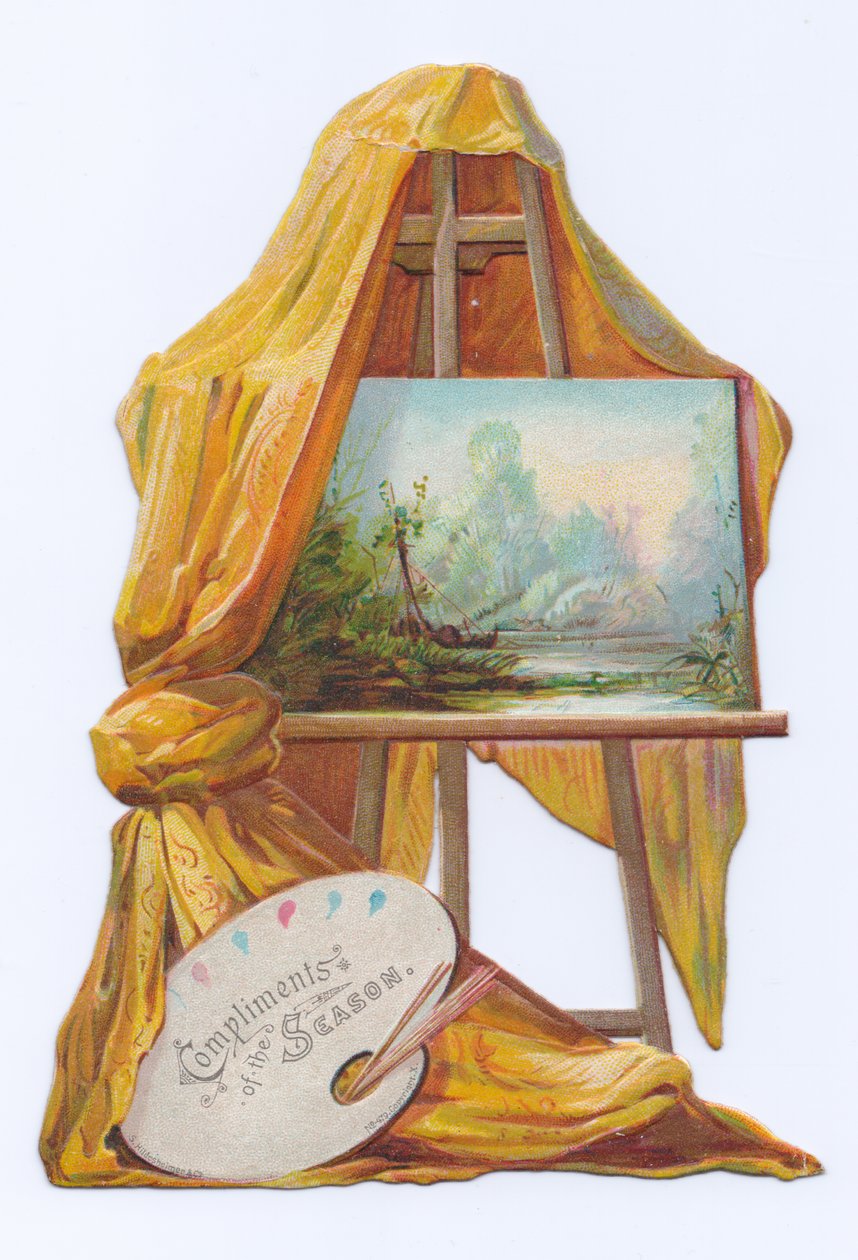 画家のイーゼルに描かれたドレープがかかった絵画のヴィクトリア朝ダイカット・シェイプカード、1880年頃（カラーリトグラフ） 作： 英語学校