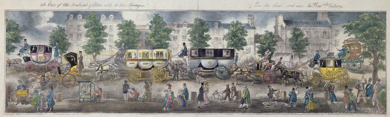 パリの大通りの眺め、新しい車両、1828年（カラー彫刻） 作： 英語学校