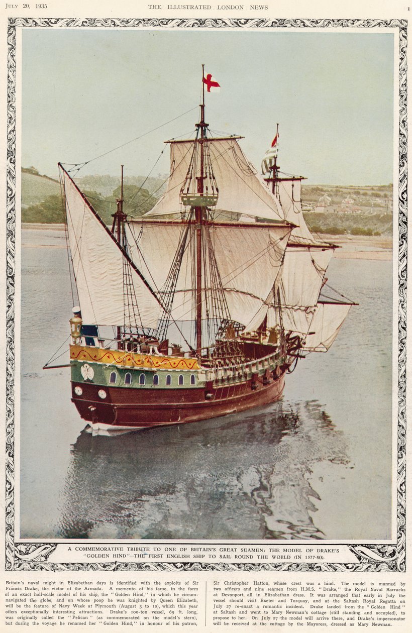 イギリスの偉大な船員の1人への記念品：The Illustrated London News Royal Naval and Miが1577年から80年にかけて世界で最初に航海した英国船、ドレイクスゴールデンハインドのモデル 作： 英語学校