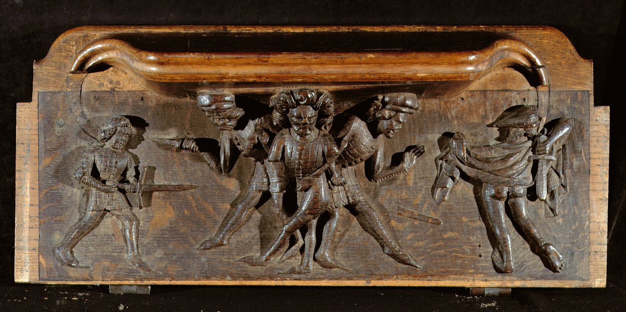 14世紀後半、オックスフォードのニューカレッジチャペルにある短剣と剣で戦う3人の男性を描いた破損した三脚筋（木） 作： 英語学校