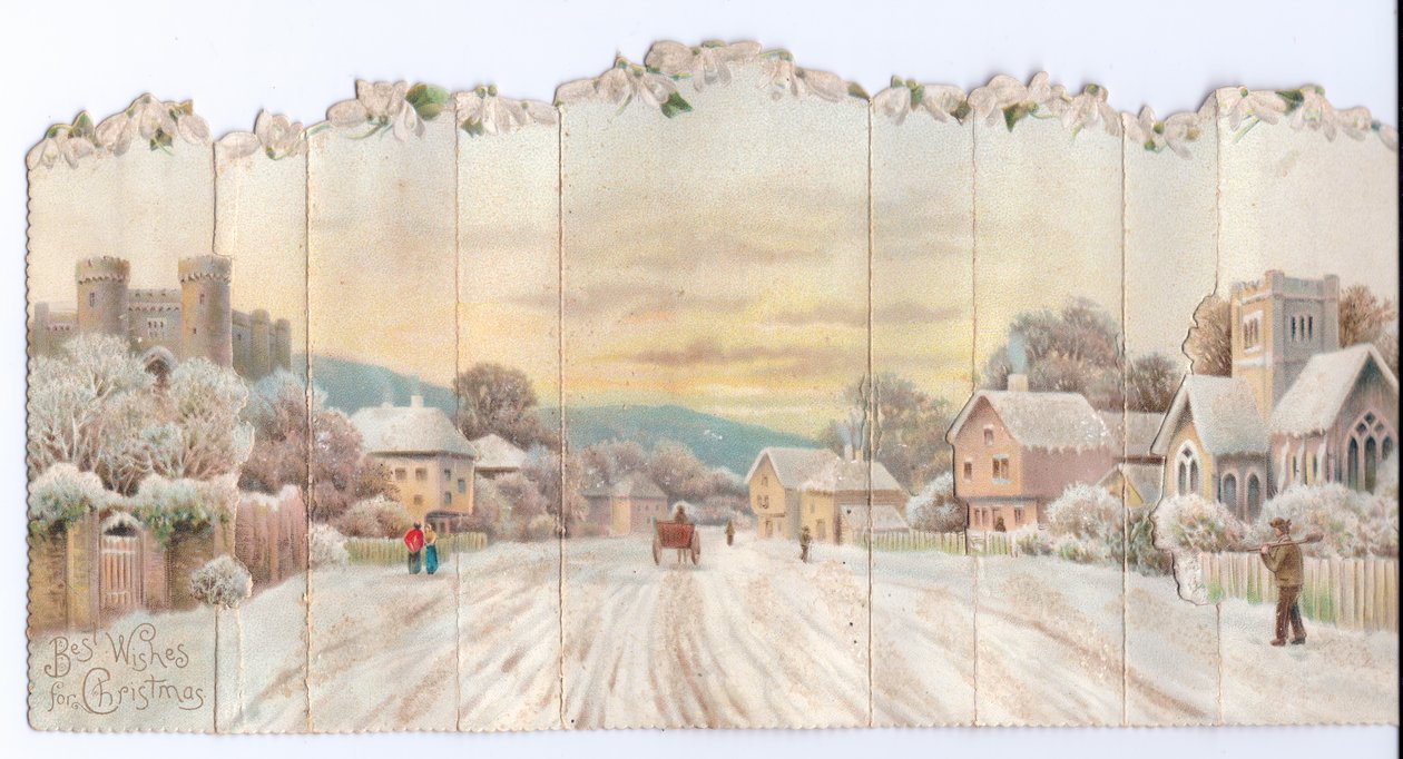城と教会と雪の中で踏鋤を運ぶ男の折りたたみコンサーティーナビクトリア朝のクリスマスカード、1880年頃 作： 英語学校
