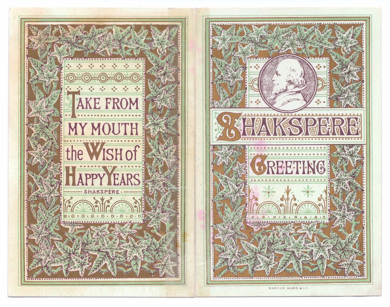 ウィリアム・シェイクスピアを描いたヴィクトリア朝のグリーティングカードの表裏（1880年頃）（カラーリトグラフ 作： 英語学校