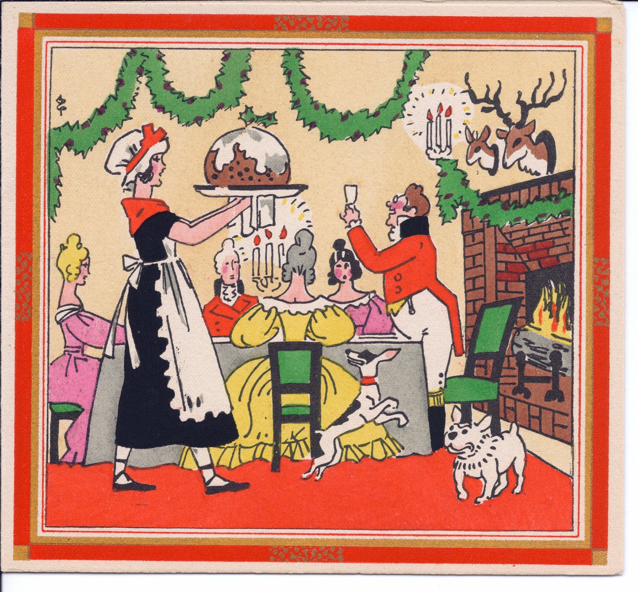 1920年頃のクリスマスプディングを出すメイドの手塗りのフランスのPochoirChristmasカード 作： 英語学校