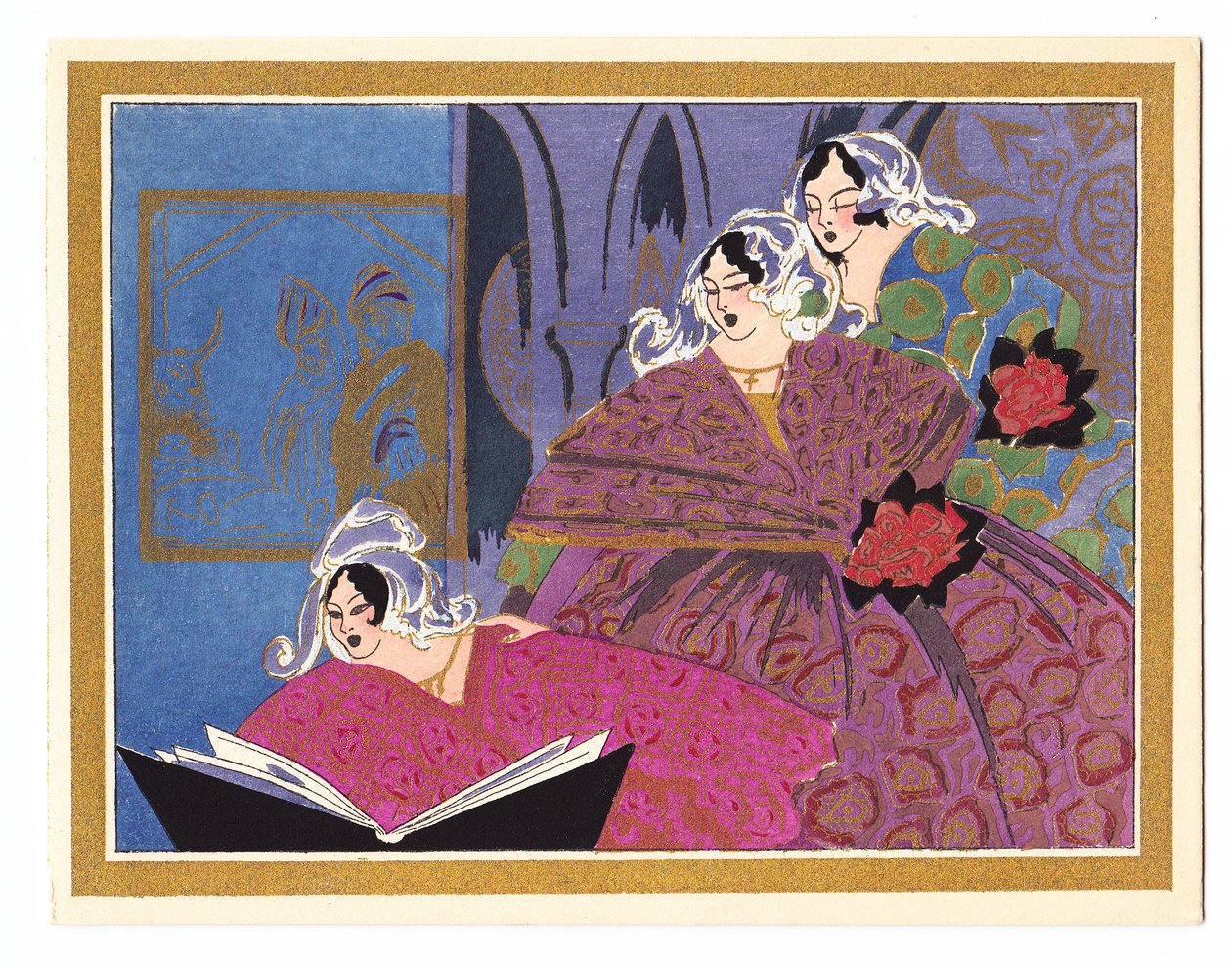 1920年頃の歌の本から歌う3人の女性を描いた、手塗りのフランスのpochoirクリスマスカード 作： 英語学校