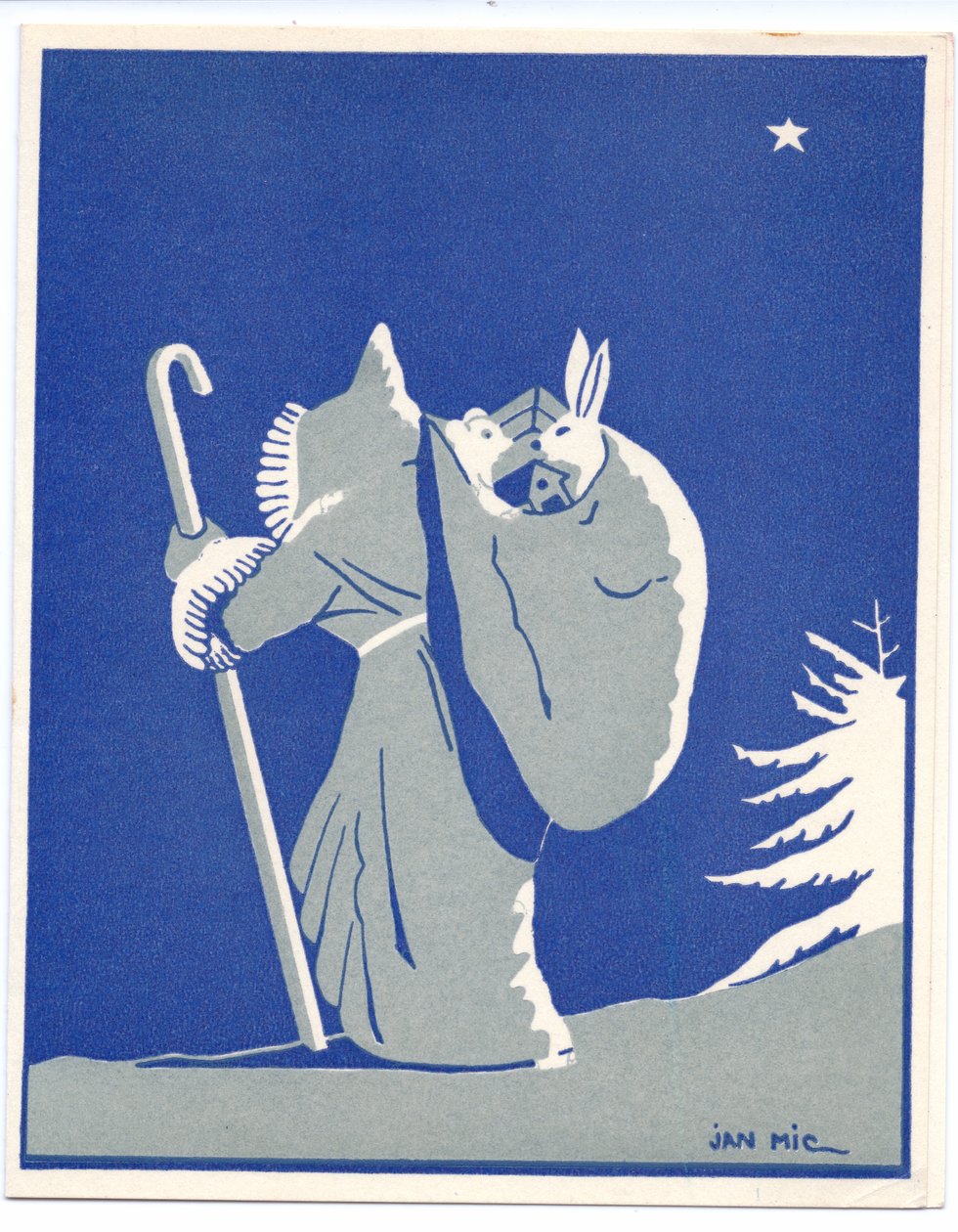 1920年頃、ウサギとクマが入った袋を持ち、ステッキを持って歩くシルエット姿のファーザー・クリスマスが描かれたフランスの手彩色ポショワール・クリスマスカード（ステンシル） 作： 英語学校