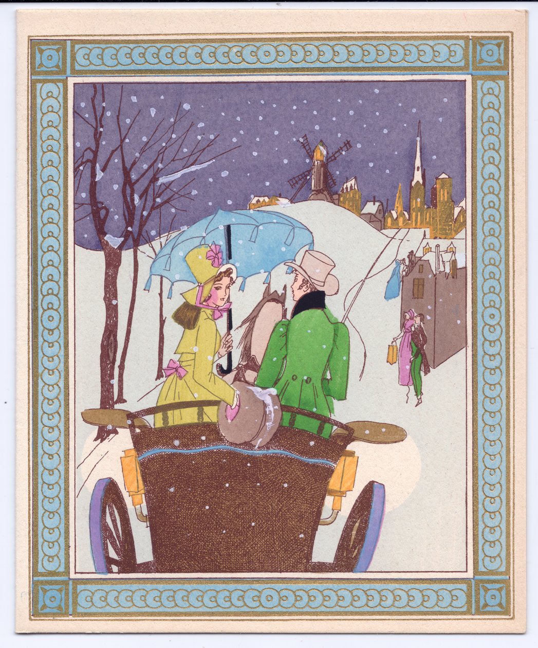 1920年頃に雪の中を走っているオープンキャリッジのRencecyカップルの手塗りのフランスのpochoirクリスマスカード 作： 英語学校