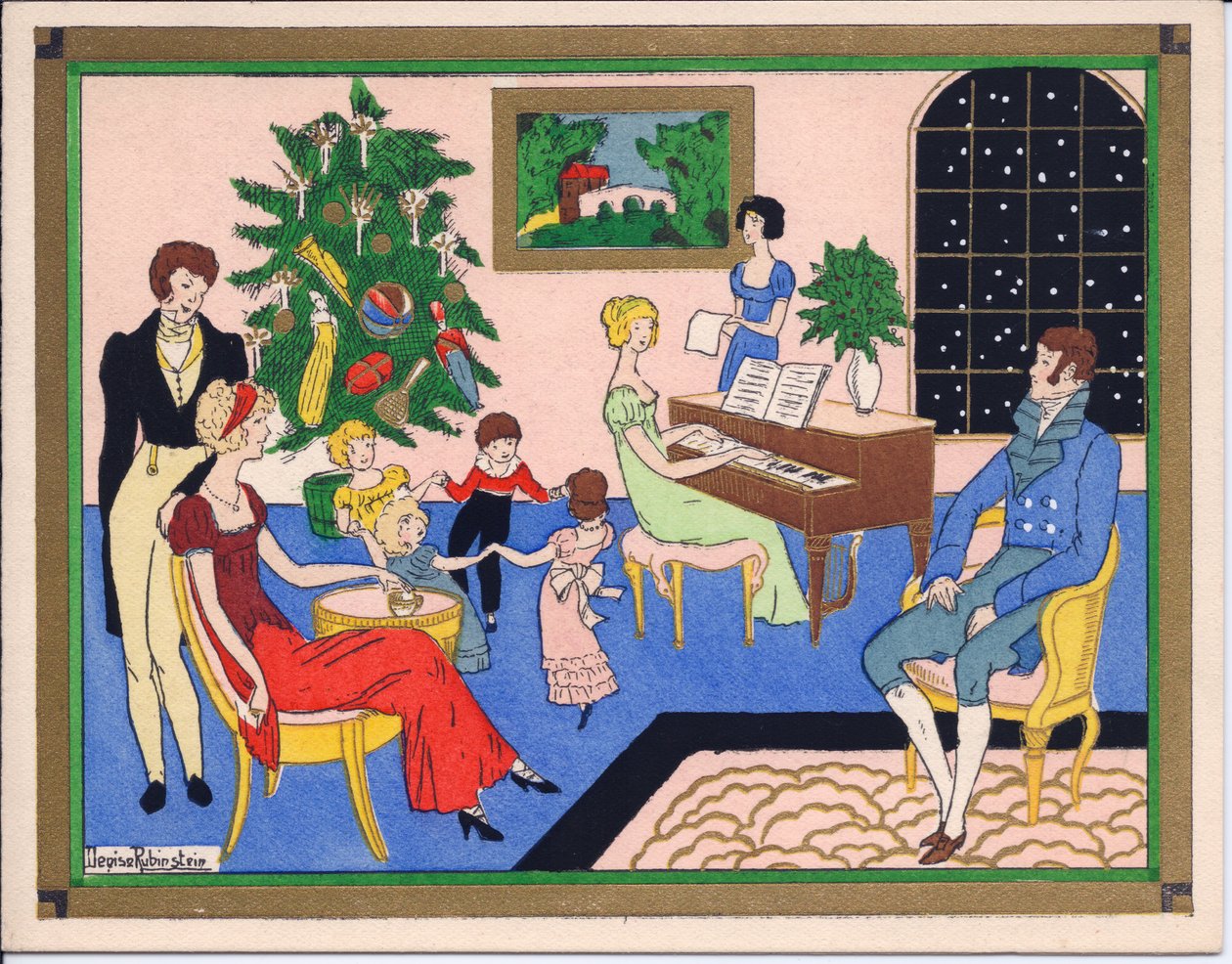 1920年頃のダンスと音楽のエンターテインメントを含む、リージェンシーファミリーのクリスマスパーティーの手塗りのフランスのpochoirクリスマスカード 作： 英語学校