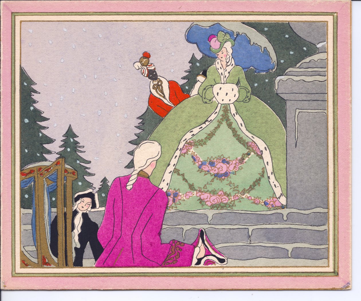 1920年頃のセダンの椅子から降りて、黒人のしもべと一緒にアーミンの毛皮の裏地のコートを着た女性に出会った、困惑した男の手塗りのフランスポチョアクリスマスカード 作： 英語学校