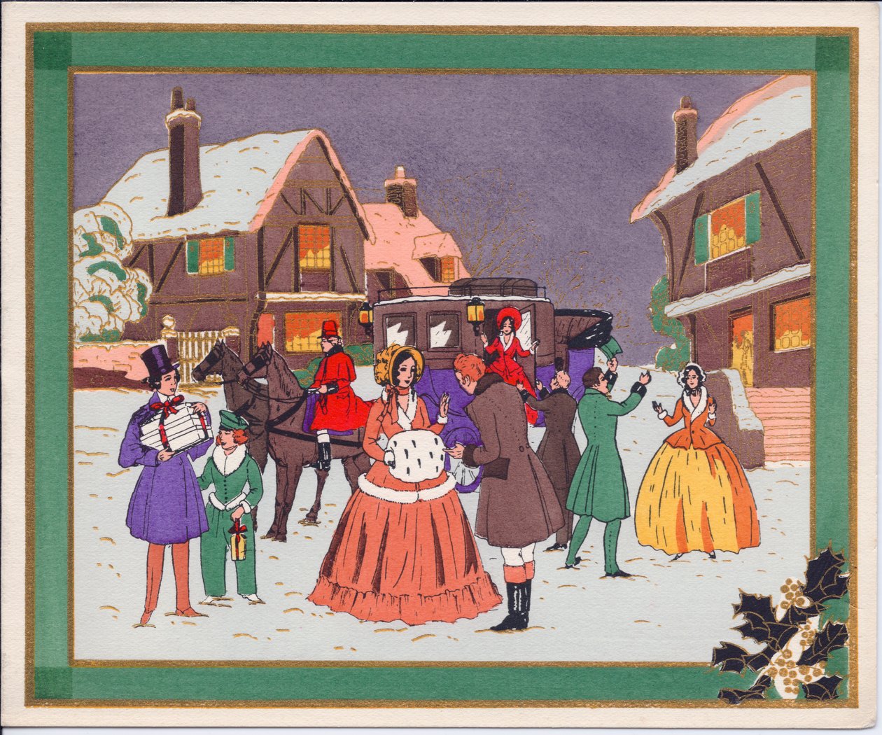 1920年頃の、コーチと馬がいる村のシーンの手描きのフレンチポコワールクリスマスカード 作： 英語学校