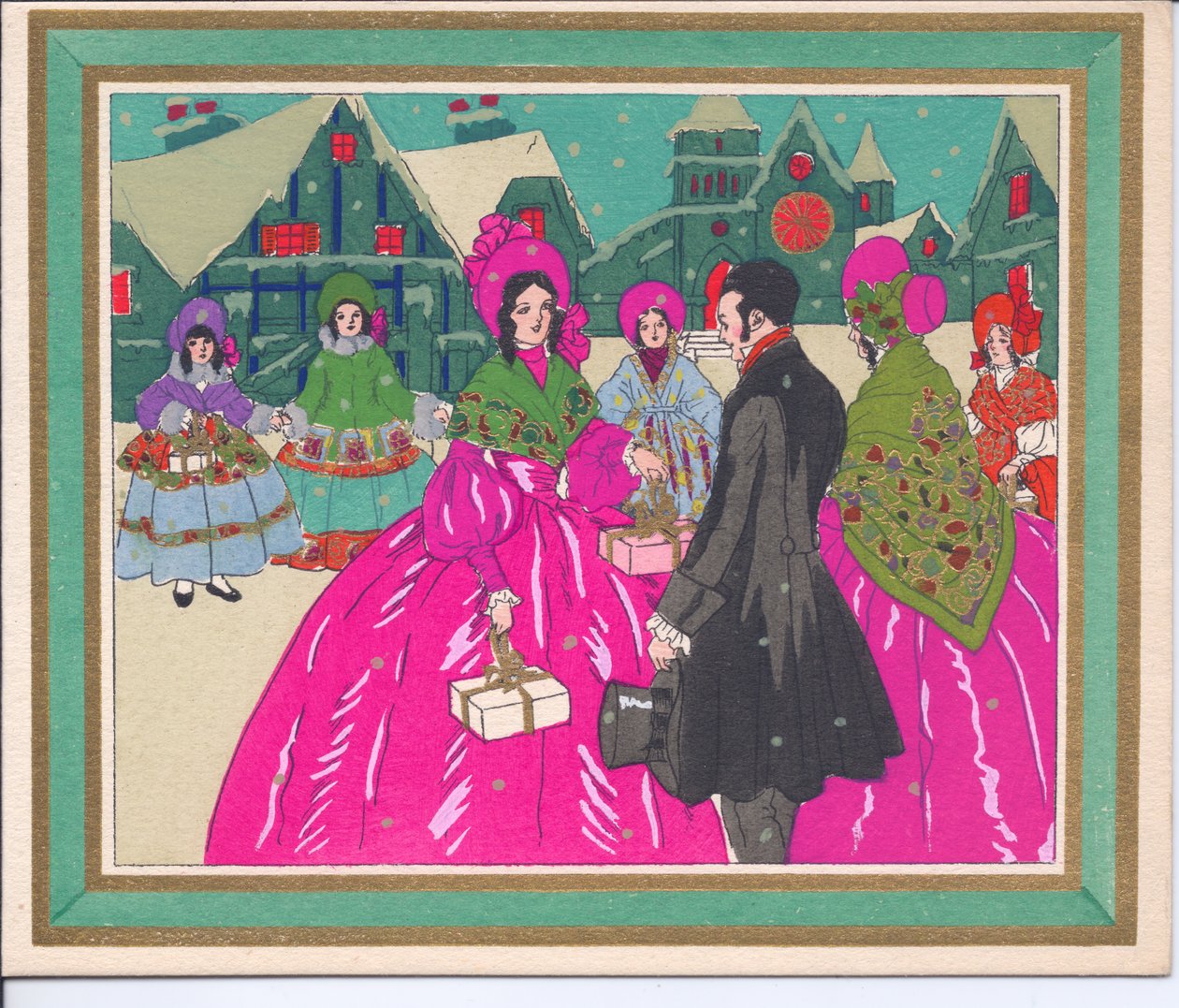 1920年頃の、クリノリンドレスの女性とフロックコートとシルクハットを被った紳士の手塗りのフレンチポチョアクリスマスカード 作： 英語学校