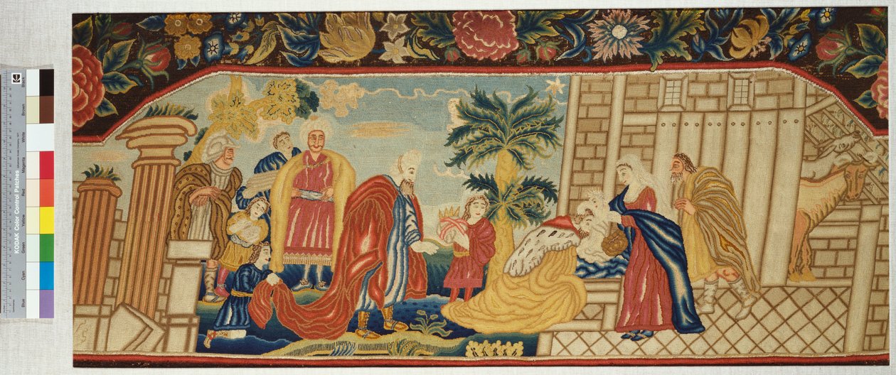 賢者の礼拝、c.1730を描いたテントステッチで巧妙に機能した針仕事ソファシート 作： 英語学校
