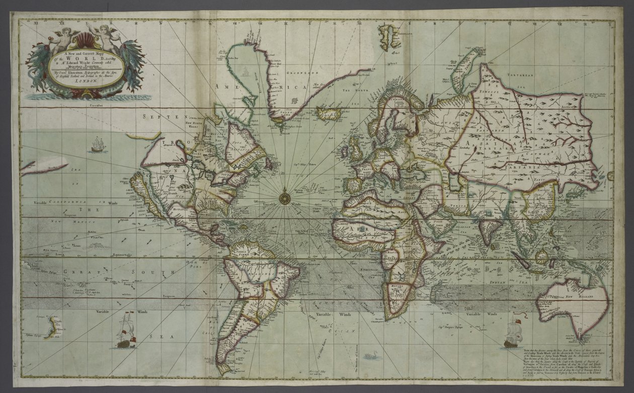 海のアトラスからの新しい正確な世界地図、1707年（手書きのカラープリント） 作： 英語学校