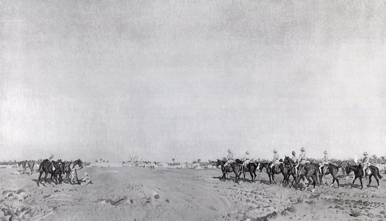 1917年3月11日、カジマインの降伏でトルコ降伏に近づくためにRWヒューイットDSO中佐を指揮する第14騎兵隊のパトロール、1918年に発行（フォトリソ） 作： 英語学校