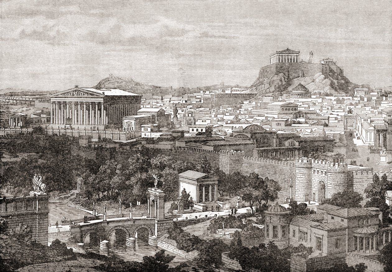 古代ギリシャのアテネの景色。 The Review of Reviews、1891 年発行より