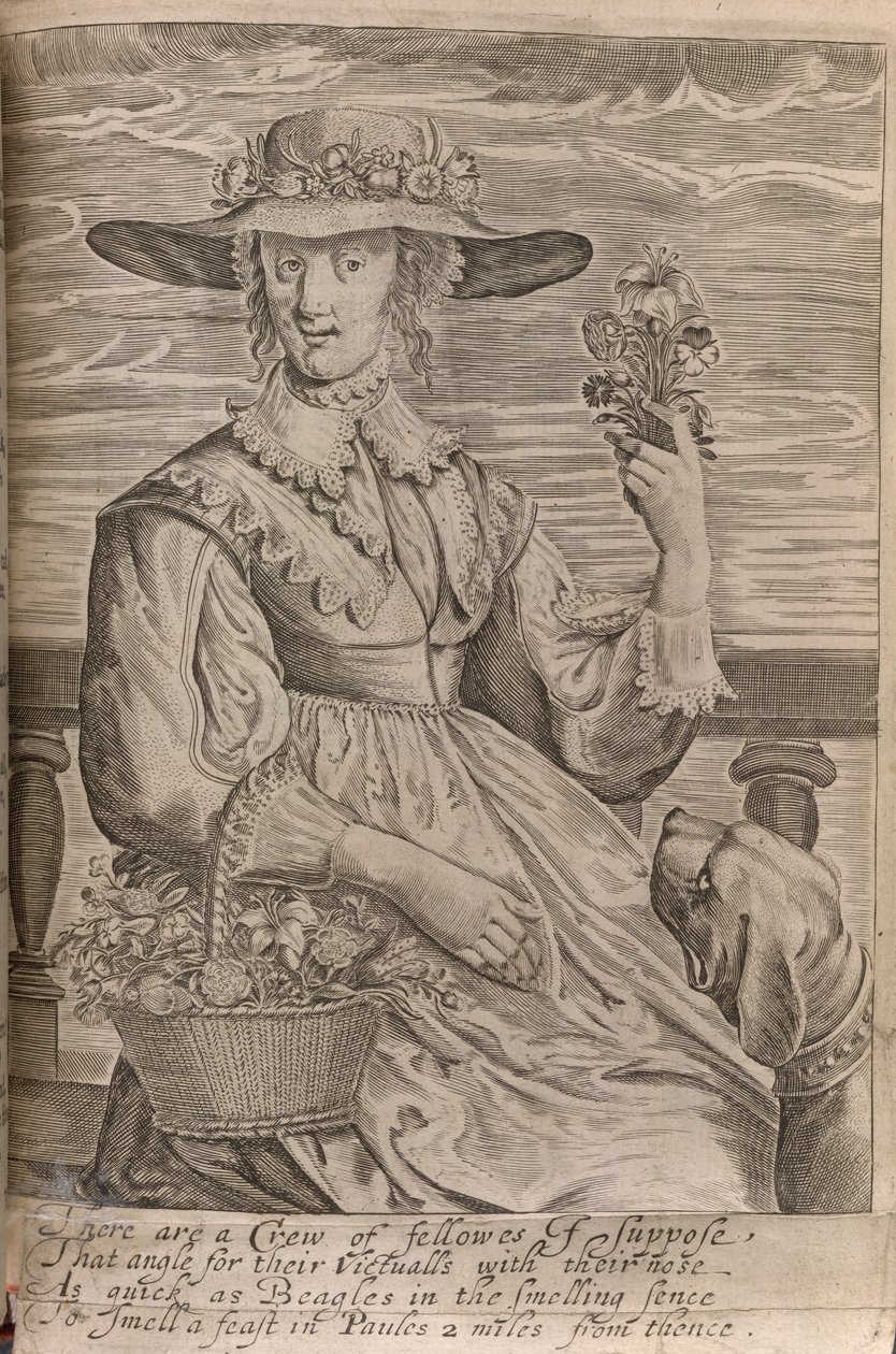 花を持った女性、ジョン・デイヴィス卿による「天使と男性以外の仕事」のイラスト、1653年に印刷（リソ） 作： 英語学校