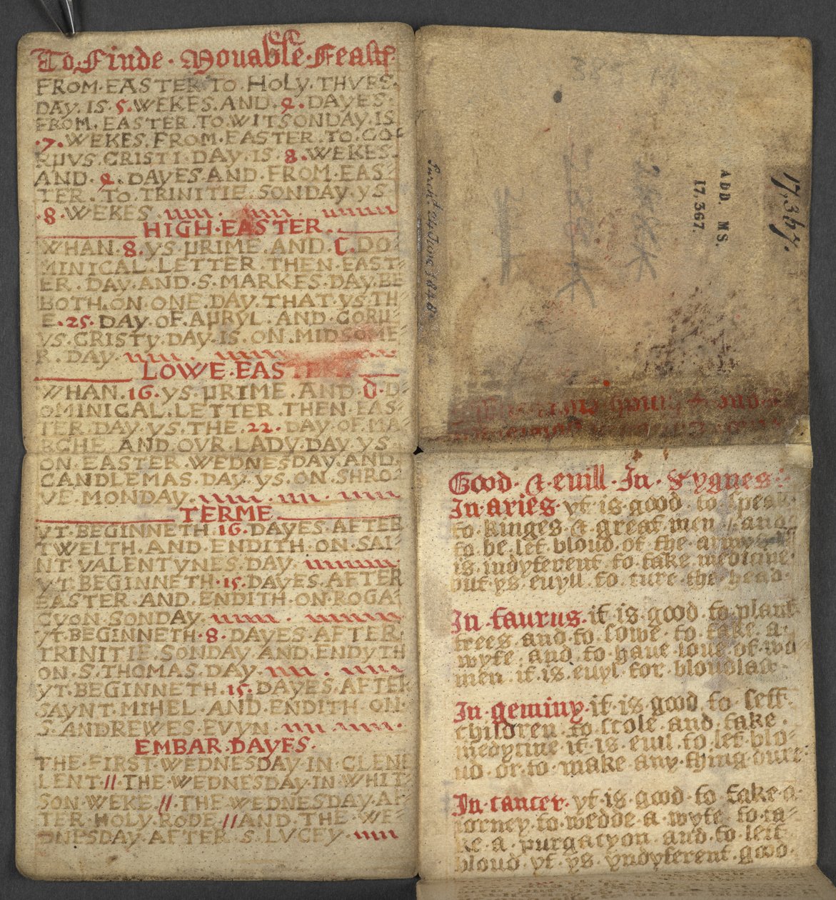 追加。 17367、年鑑からの f.1r、ドミニカル文字と黄金の数字の表を含む。 移動可能なごちそうを見つけるための指示。 聖人のカレンダー、エポック、英国の主権者のリスト、天気予報、黄道十二宮の影響 (vellu 作： 英語学校