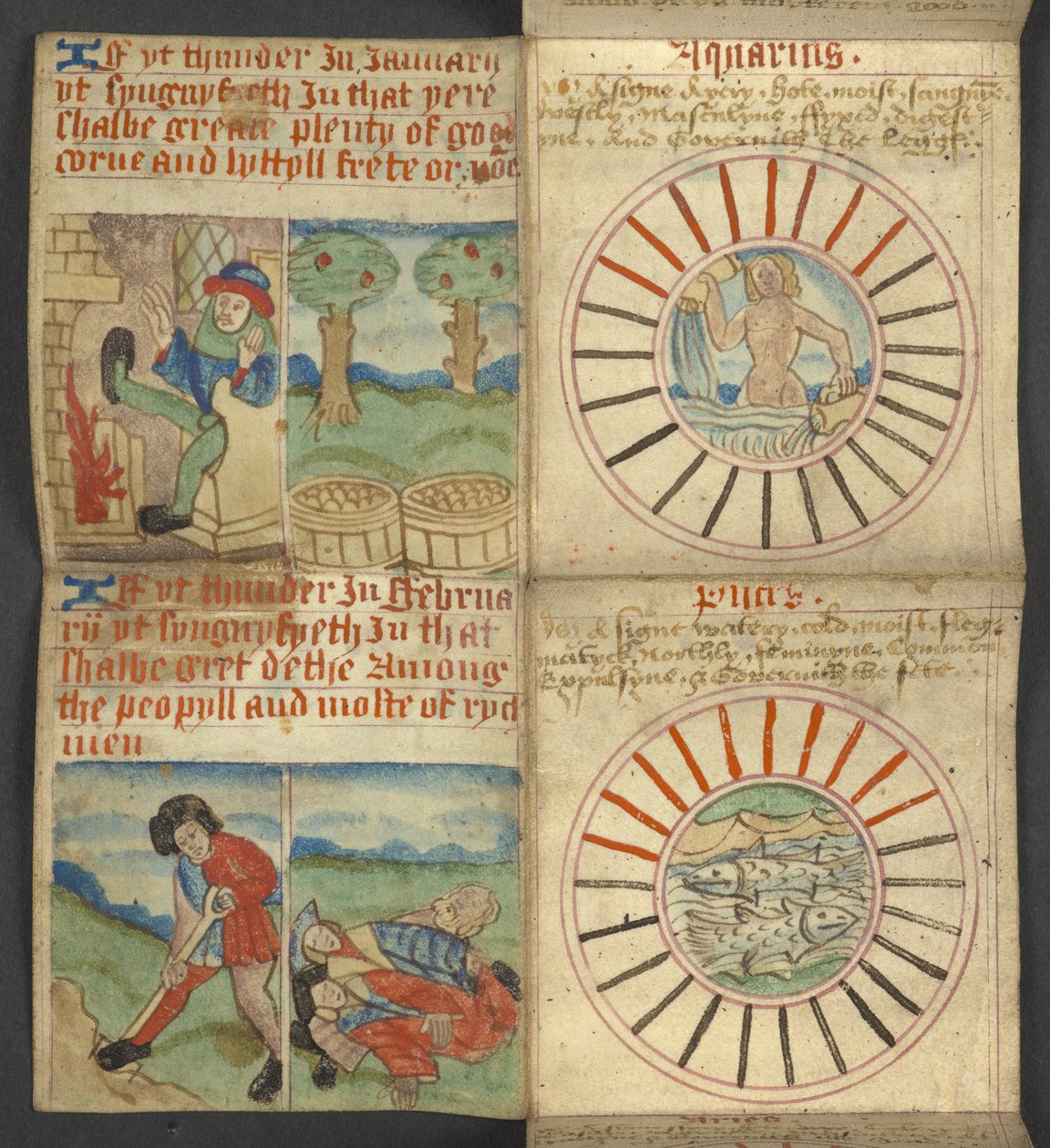 追加。 17367, f.3r Aquarius & Pisces, from Almanac, ドミニカル文字と黄金の数字の表を含む; 移動可能なごちそうを見つけるための指示。 聖人のカレンダー、エポック、英国の主権者のリスト、天気予報、兆候の影響 作： 英語学校