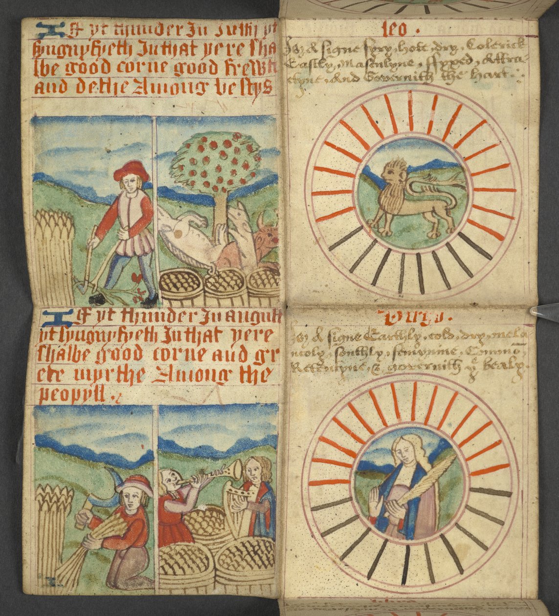 追加。 17367、f.6r しし座と乙女座、年鑑から、ドミニカル文字と黄金の数字の表を含む。 移動可能なごちそうを見つけるための指示。 聖人のカレンダー、エポック、英国の主権者のリスト、天気予報、星座の影響 作： 英語学校