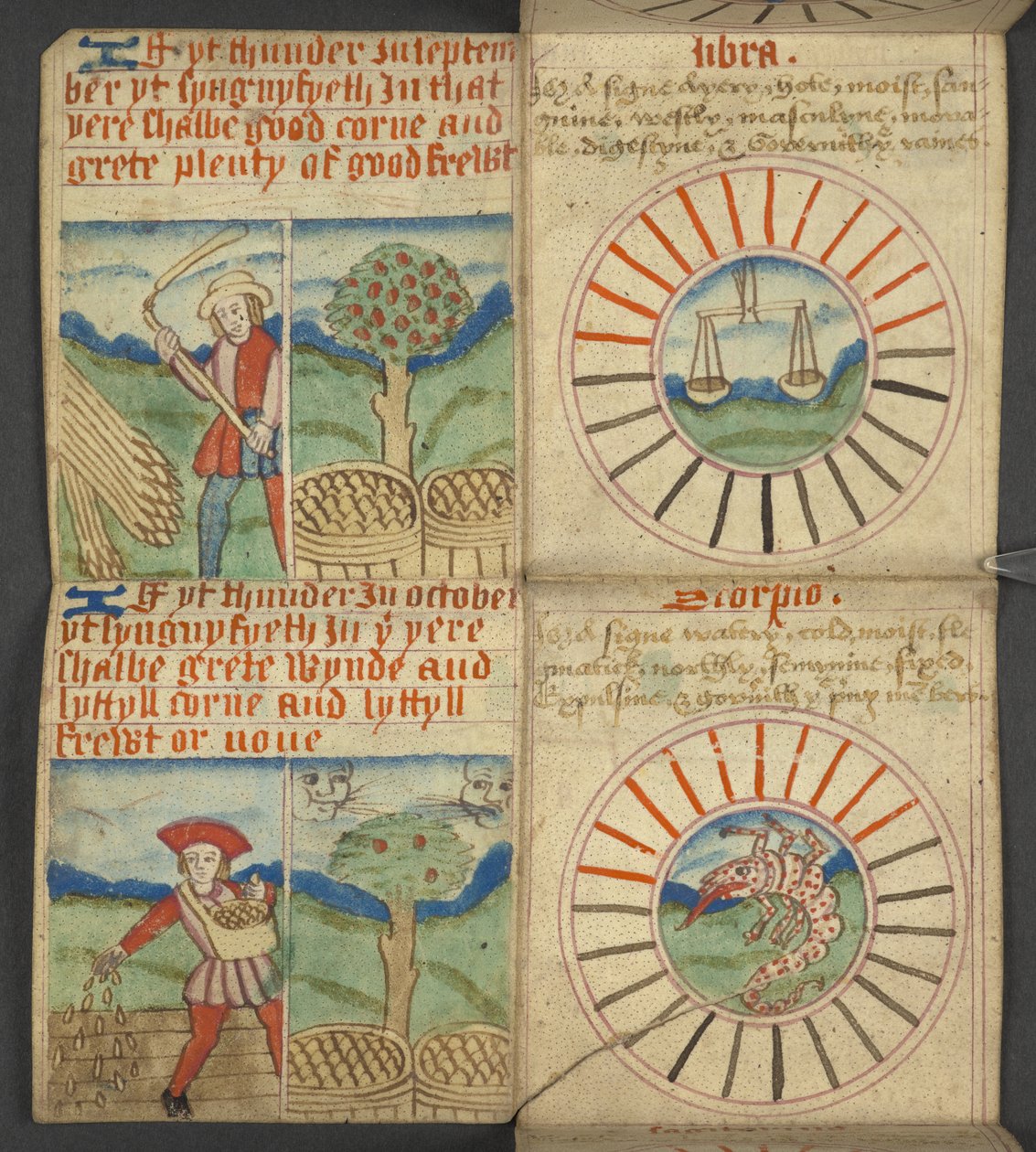 追加。 17367, f.7r Libra & Scorpio, from Almanac, ドミニカル文字と黄金数の表を含む; 移動可能なごちそうを見つけるための指示。 聖人のカレンダー、エポック、イギリスの君主のリスト、天気予報、兆候の影響 作： 英語学校
