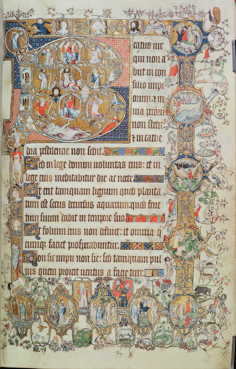 追加 39810 f.7r St. Omer Psalter、c.1330-40 (ベラム) から、Jesse の木と 9 つのラウンデルを含む歴史的なイニシャル「B」 作： 英語学校