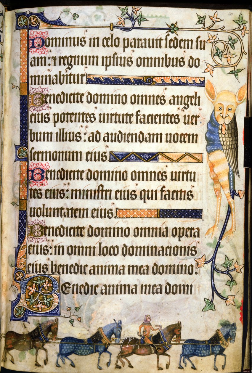 追加 42130 f.182 「Luttrell Psalter」、c.1325-35 (ベラム) から、f.181v に表示されているテキストの馬の絵の馬車 作： 英語学校
