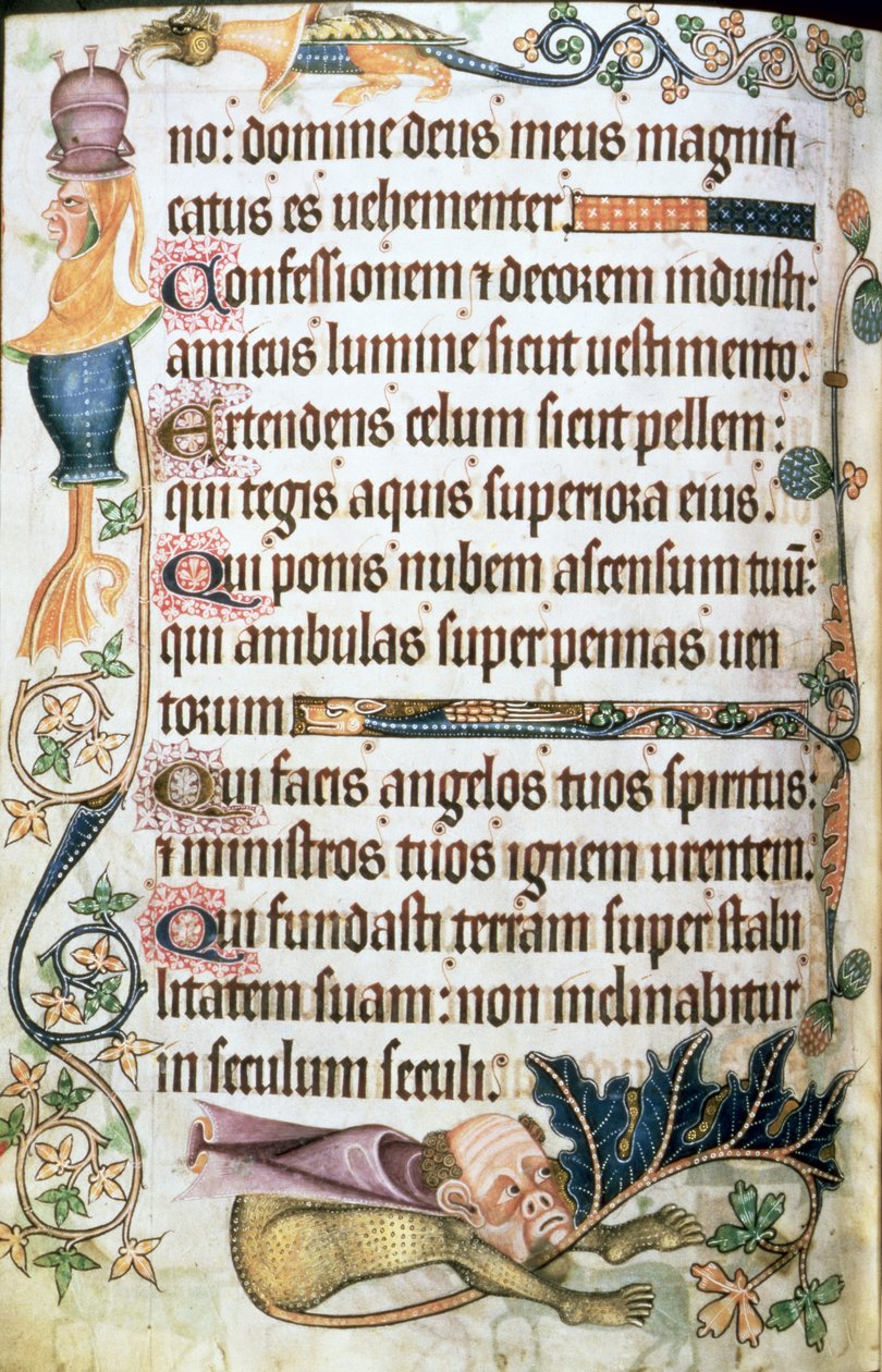 追加 42130 f.182v 詩篇 103 のグロテスク、「Luttrell Psalter」から、c.1325-35 (vellum) 作： 英語学校