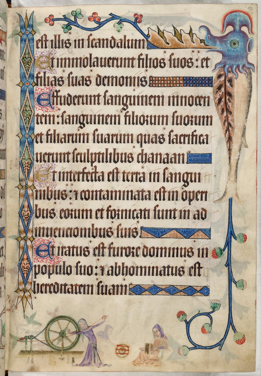 追加。 42130、f.193、詩篇 105、「Luttrell Psalter」の羊毛を紡いでカーディングする女性、c.1325-35（ベラム） 作： 英語学校