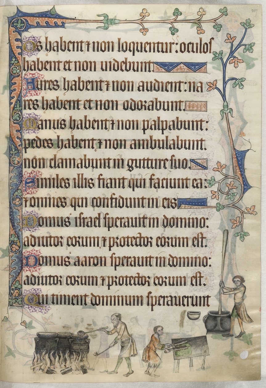 追加。 42130、f.207 料理の準備と調理、「Luttrell Psalter」のイラスト、c.1325-35（ベラム） 作： 英語学校
