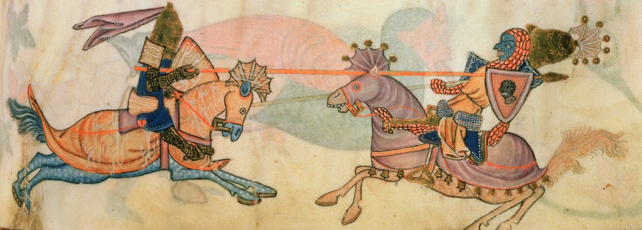 追加 42130 f.82 「Luttrell Psalter」からの 2 人の騎士の馬上槍試合の詳細、c.1325-35 (ベラム) 作： 英語学校