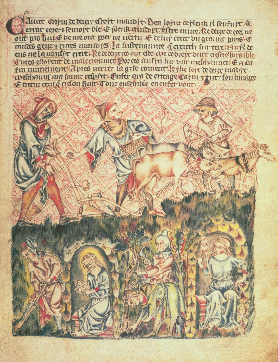 追加 47682 f.6 「ホルカム聖書」からのカインとその子孫、c.1320-30 (ベラム) 作： 英語学校