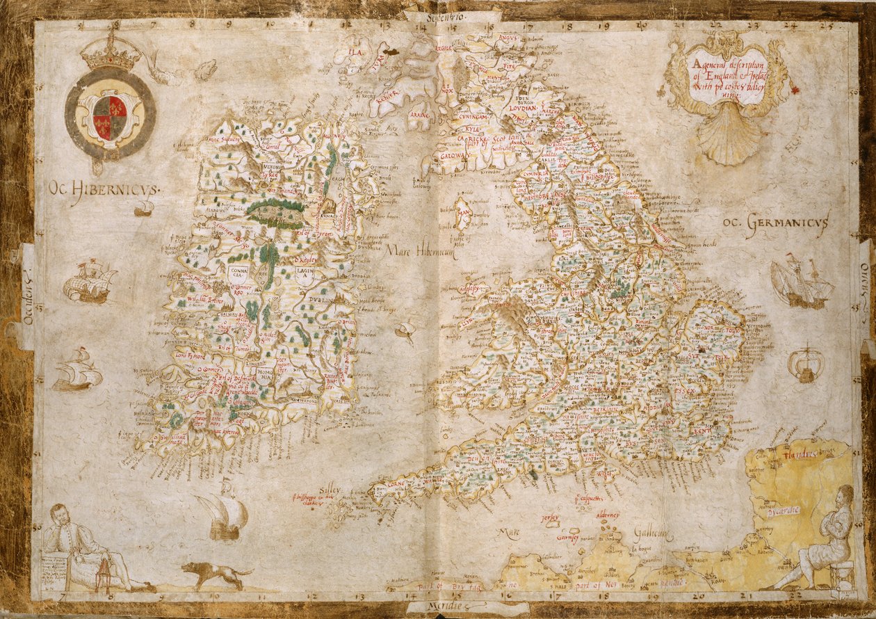 追加。 62540、ff.3v-4、グレートブリテンおよびアイルランドの地図、「Nowell-Burghley Atlas」から、1564年頃（ベラム） 作： 英語学校
