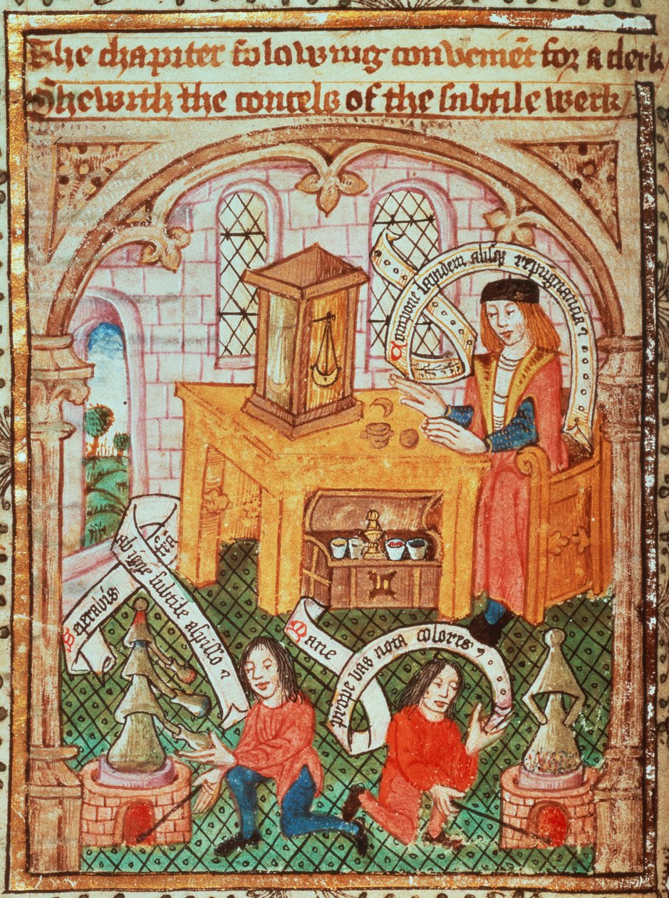 MS 10302 f.37v を追加 材料を準備する錬金術師、Thomas Norton 著「The Ordinal of Alchemy」、c.1477 (ベラム) 作： 英語学校