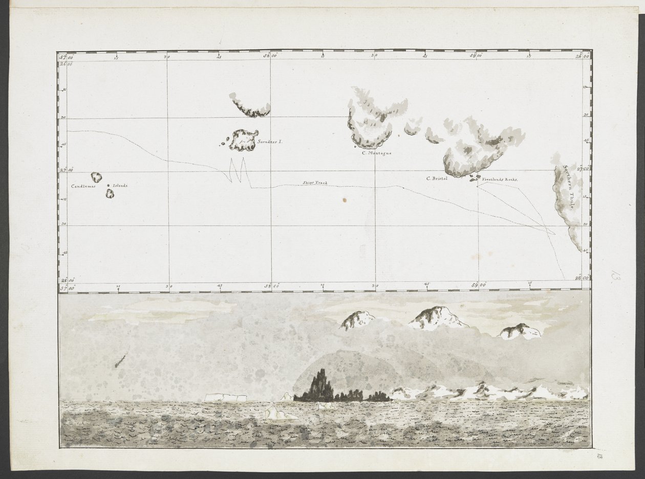 MS 15500 f.13 太平洋と南洋を通るレゾリューション号でのクック船長の航海中に撮影された 22 の海図、岬の眺めなどを追加 作： 英語学校