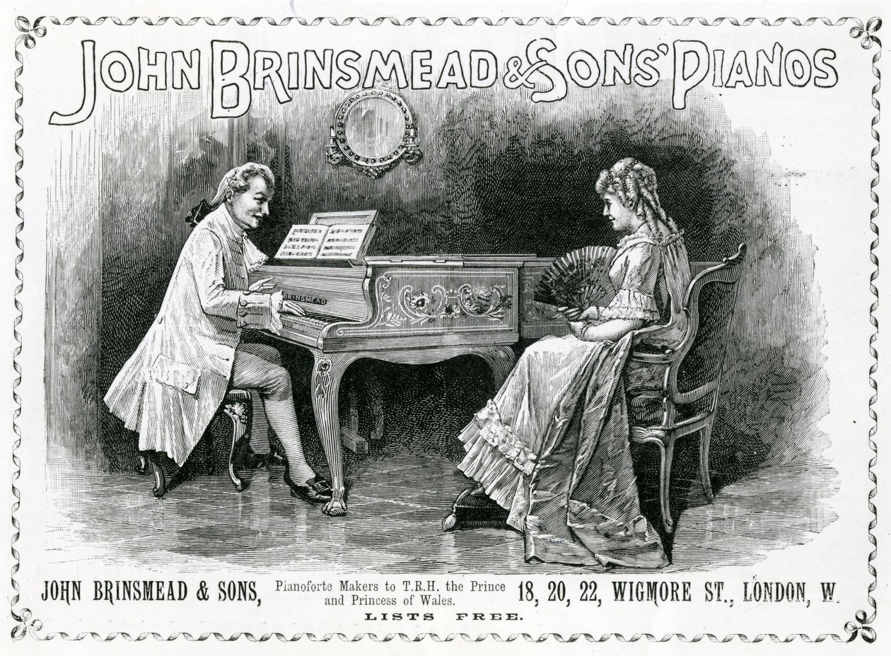 広告「John Brinsmead and Sons Pianos」、「The Graphic」1891年7月4日号のイラスト（エングレービング 作： 英語学校