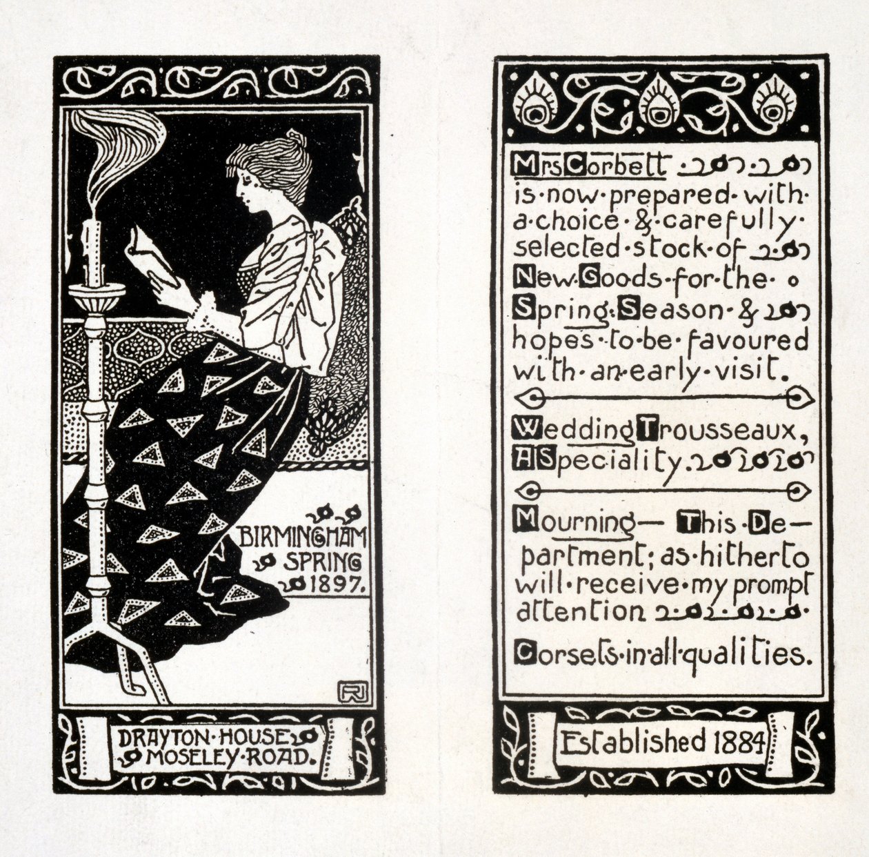 1897年、バーミンガムのドレイトンハウスでのコーベット夫人の広告 作： 英語学校