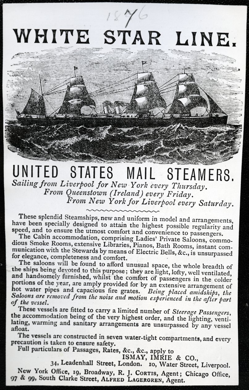 ホワイトスターラインの広告、1876年（印刷された紙） 作： 英語学校