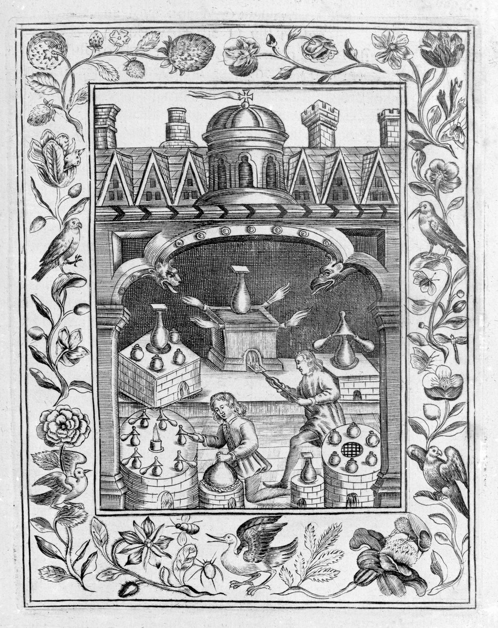 エリアスアシュモレ作のTheatrum Chemicum Britannicum、1652年に撮影されたさまざまな形の炉と容器を示す錬金術研究所 作： 英語学校