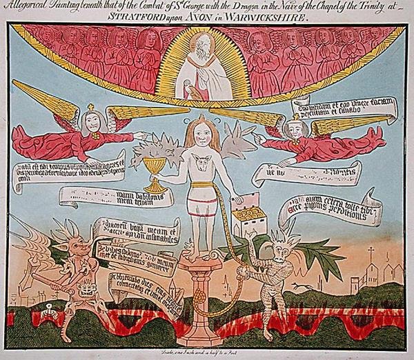 三位一体礼拝堂の身廊に描かれている「ドラゴンを抱く聖ジョージ」の下に描かれている寓意画。ジョン・G.による「ストラットフォード・アポン・エイボンの三位一体礼拝堂で1804年に発見されたフレスコ画の古代寓意画、歴史画、伝説画」より。 作： 英語学校