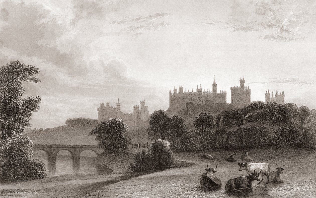 Alnwick Castle, Alnwick, Northumberland, England, in the early 19th century. Used as location in Harry Potter films. From Churton
