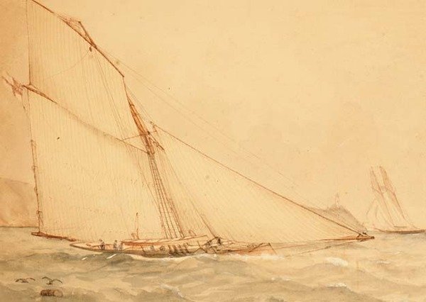 ロイヤル・ヨット・スクワッドロンの8メートル・ガフ・リグのトップセイル・カッター 1860年頃 （紙に水彩画） 作： 英語学校